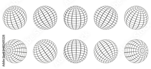 Globe Grid Sphere Set. 3D Wire Global Earth Latitude, Longitude. Geometric Grid Globe. Wired Line 3D Planet Globe. Round Grid Mesh Ball. Wireframe Globe Surface. Isolated Vector Illustration