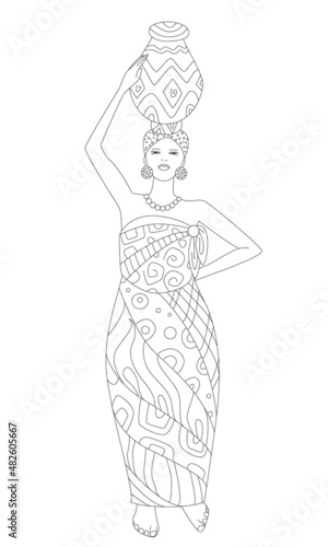 young african woman standing and holding vase on her head in eth
