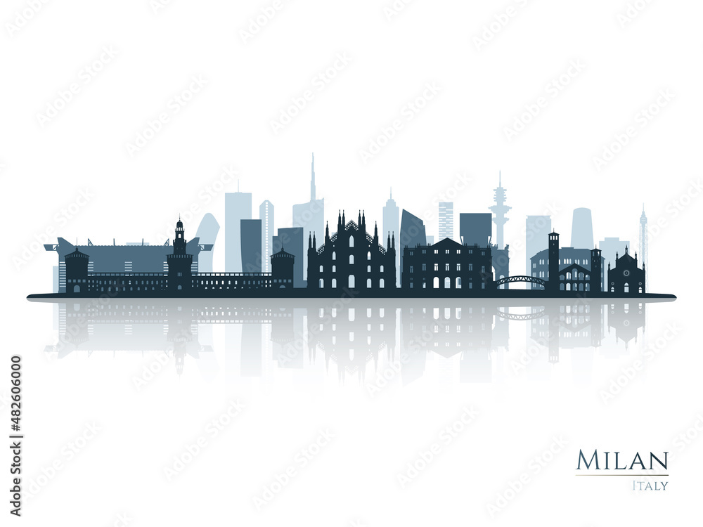 Obraz premium Milan skyline silhouette with reflection. Landscape Milan, Italy. Vector illustration.