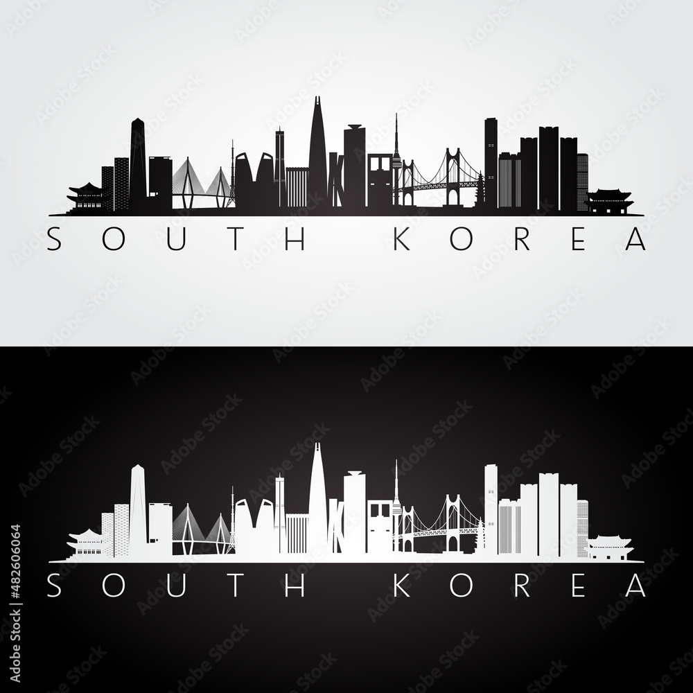 South Korea skyline and landmarks silhouette, black and white design, vector illustration.