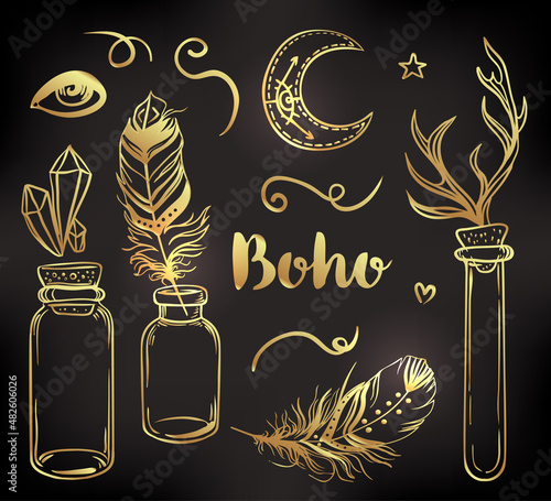 Hand drawn clip art of Native American Indian talisman dream catcher adorned with feathers and moon symbol. Vector illustration isolated on white. Lineart. Ethnic design, mystic tribal symbol.