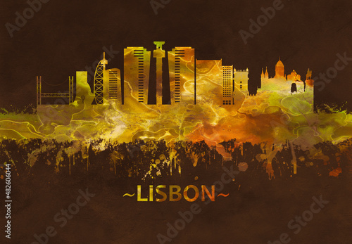 Lisbon Portugal skyline Black and Gold #482606044