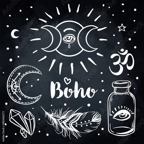 Gypsy Love: Set of Ornamental Boho Style Elements. Vector illustration. Tatto...
