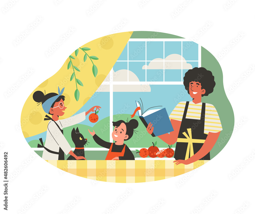 Parents cook with their children together, flat vector illustration isolated on white background.