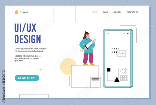 UI UX design landing page template, female character creates user interface for mobile app, flat vector illustration.