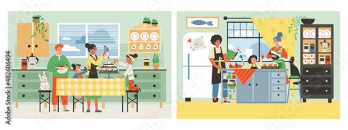 Happy family cooks cake together in the kitchen, cheerful parents and kids, flat vector illustration.