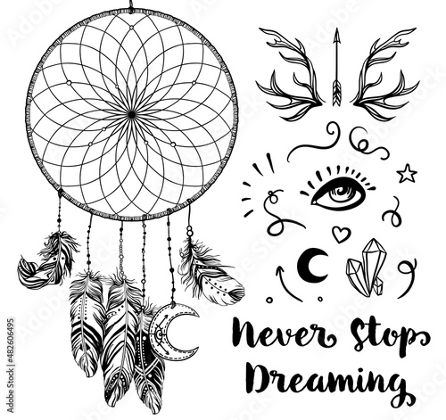 draft. Vector illustrationSet of Boho Chic Style Elements. Vector illustratio...