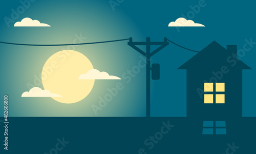 Home with high voltage power electric pole with full moon in night silhouette shadow blue background flat vector design.