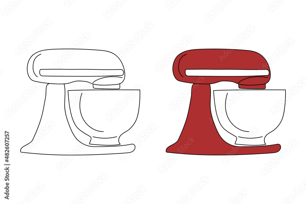 Handdrawn white and red colored stand mixers with white bowl. Doodle