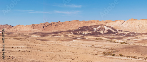 panorama of the bottom of the northwest side of the Maktesh Ramon erosion crater in the Negev desert in Israel with a blue sky background
