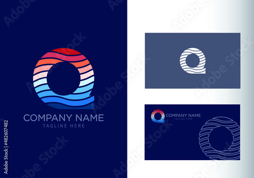 Q letter with ocean waves and sunset beach vibes. Font style, vector design template elements for your travel, tour, vacation, and summer party corporate identity.