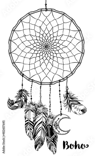Hand drawn clip art of Native American Indian talisman dream catcher adorned with feathers and moon symbol. Vector illustration isolated on white. Lineart. Ethnic design, mystic tribal symbol.
