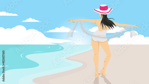 Summer time of Woman in a bikini. Walk on white sand beach. Put on a hat and put up your arms with a thin piece of white cloth with comfort. With free space on the sea.