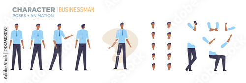 businessman character for animation. Creation set with various views, face emotions, poses and gestures.