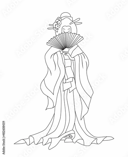 Japanese woman in a national costume with a fan in her hands. Geisha. Black contour on a white background. Drawing for coloring