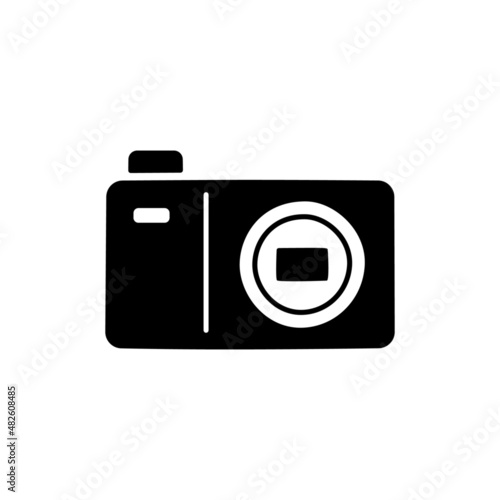 Pocket camera, Compact camera icon in black flat glyph, filled style isolated on white background