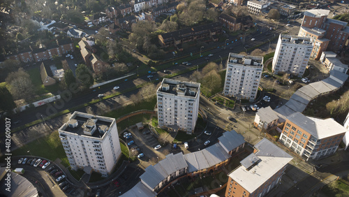 Generic aerial view of Birmingham UK city centre apartment tower block