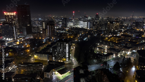 Night aerial view of Birmingham city centre UK