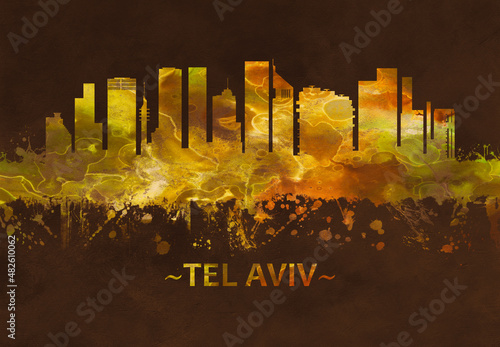 Tel Aviv Israel skyline Black and Gold #482610062