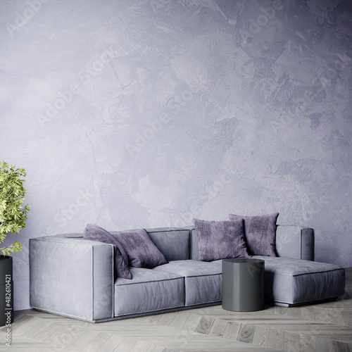 Calm veryperi color - lavender and gray in the interior designof the living room. Accent empty wall for art. Purple plaster or stucco. 3d render photo