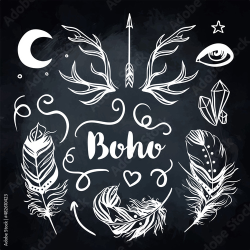 Gypsy Love: Set of Ornamental Boho Style Elements. Vector illustration. Tatto...