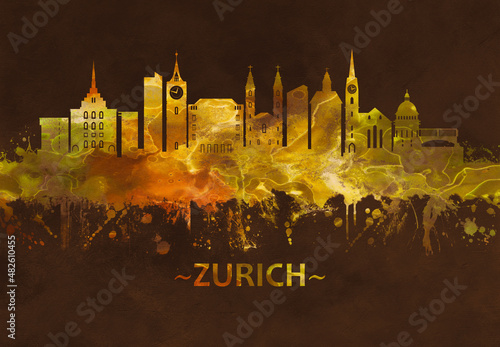 Zurich Switzerland skyline Black and Gold #482610455