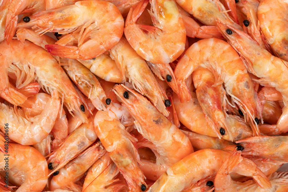 Unpeeled fresh shrimp on a white background.