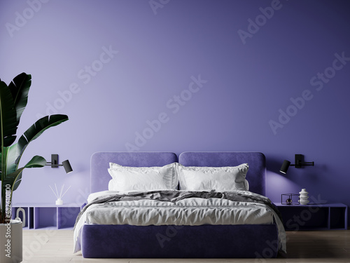 Very peri 2022 interior design. Bedroom in lavender colors. Large bed and shelves. Empty painted wall background blank. 3d rendering photo
