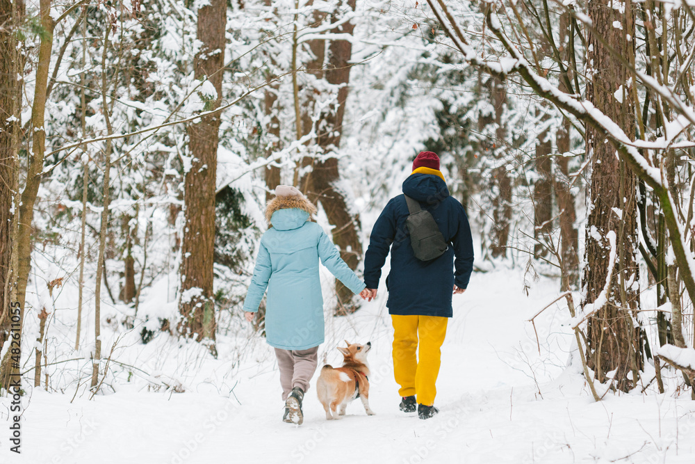 Well dressed happy girl and man with Corgi dog outdoors in winter. Pets, people and season concept. Cheerful couple having fun with cute dog in snowy park