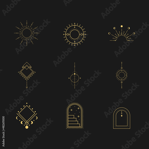 Minimal boho linear symbols. Set of celestial mystic element. Vector line art illustration.