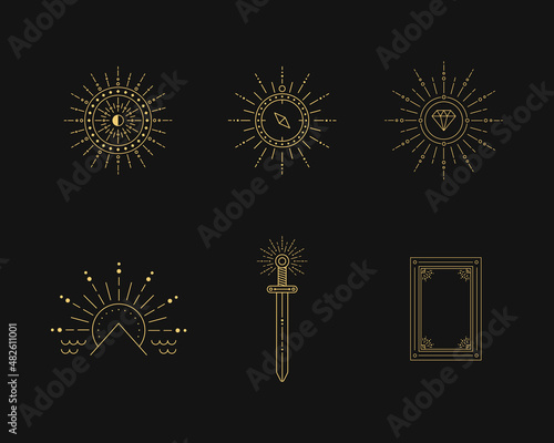 Minimal boho linear symbols. Set of celestial mystic element. Vector line art illustration.