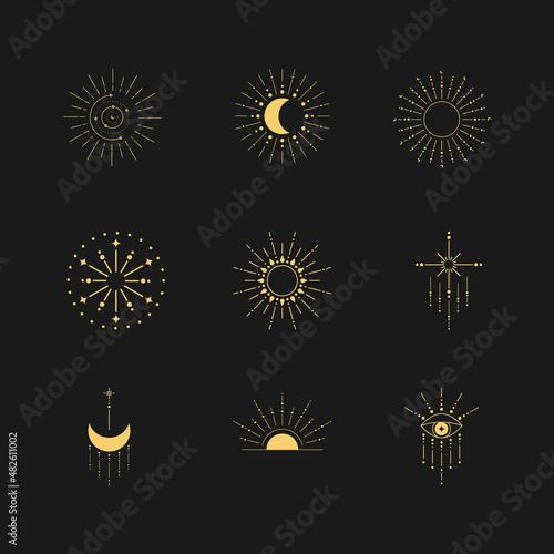 Minimal boho linear symbols. Set of celestial mystic element. Vector line art illustration.