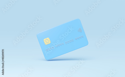 Credit card mockup floating isolated on blue background. Mobile banking and Online payment service. Digital marketing, E commerce. Quick and easy shopping and retail concept. Withdraw money. 3d render