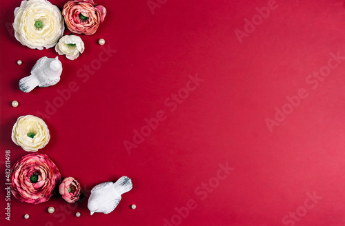 Romantic red background with flowers, birds and pearls. St. Valentines Day concept. © WindyNight