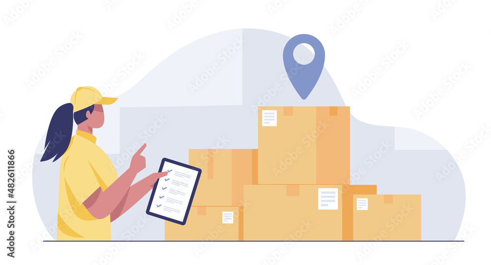 Female warehouse worker. Checking boxes concept Female warehouse worker. Checking boxes concept