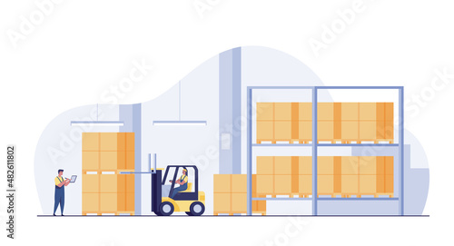 Forklift truck in warehouse. vector illustration