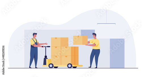 Warehouse workers are storing boxes on the rack.