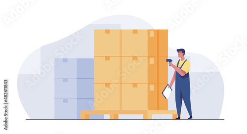 Warehouse worker checking goods pallet on a robot with barcode scanner.