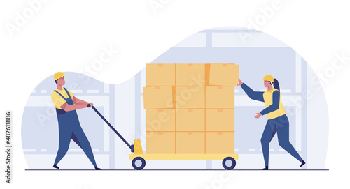 Warehouse worker. Hand pallet truck with cardboard boxes