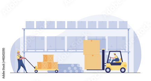 Industrial warehouse interior with goods and pallet trucks, storage and logistics concept.