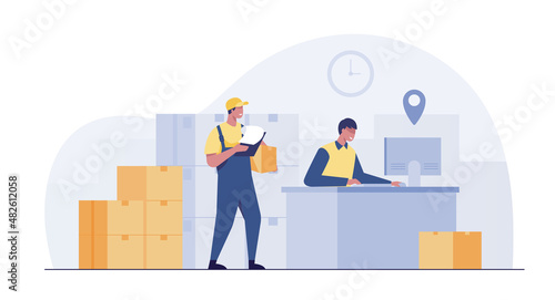 Shipping company, worker Check inventories. warehouse workers check the stock of goods to be sent to the customer.