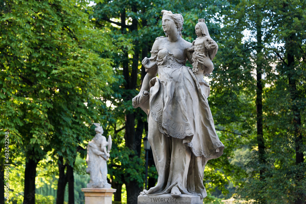 Sandstone statues in the Saxon Garden, Warsaw, Poland. Made before 1745 by anonymous Warsaw sculptor under the direction of Johann Georg Plersch. Statues of Greek mythical muses