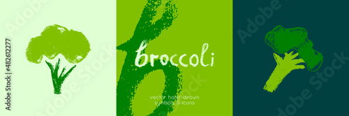 Vector broccoli icon. Pencil hand-drawn texture. Green cabbage flowering illustration isolated. Vegan restaurant logo, vegetarian symbol. Organic food sign. Vegetable badge for farmers market design.