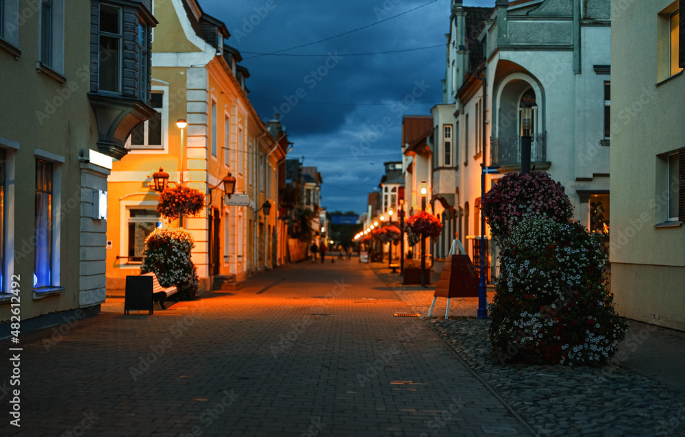 Night street in P?rnu city in summer. - obrazy, fototapety, plakaty 