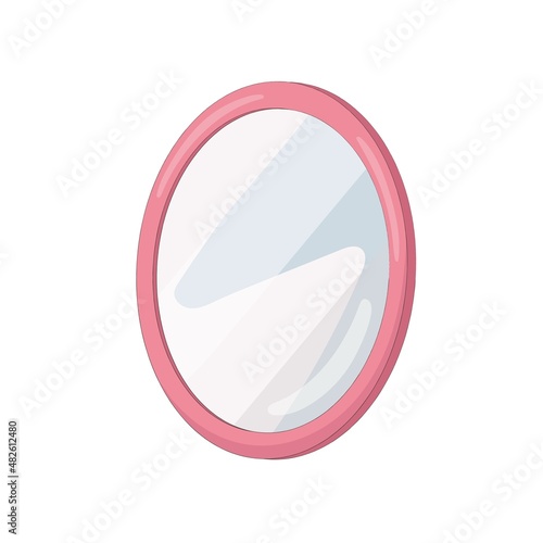A cute cartoon mirror with a pink frame. Fairy house interior item. Furniture for a fairy-tale character or doll. Toy house. Hand drawn vector illustration