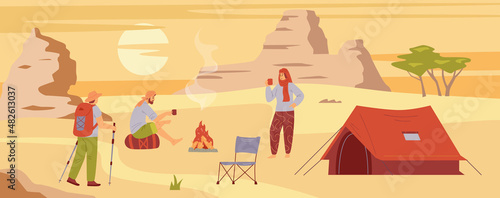 Desert camping with tourists resting near campfire, flat vector illustration.