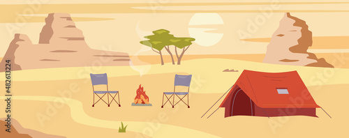 Desert camp with tent and fire at dawn or sunset. Australian , African or Arabian desert landscape with mountains.