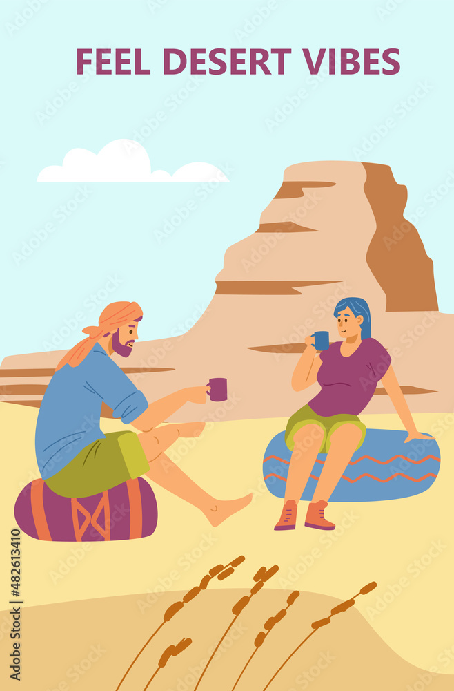 Fototapeta premium Banner or poster with tourists making desert journey flat vector illustration.