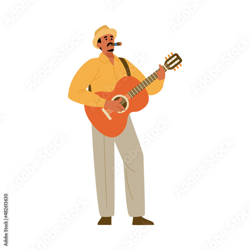 Cuban man with guitar and cigar flat cartoon vector illustration isolated.