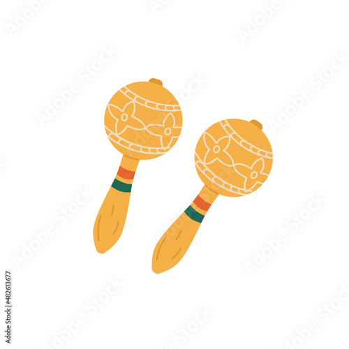 Two isolated wood maracas, cartoon vector icon. Maraca Mexican music instrument. Latin shake percussion illustration.